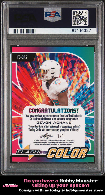 2023 Leaf Eclectic Flash of Color Prismatic Devon Achane Auto /1 Miami PSA 9