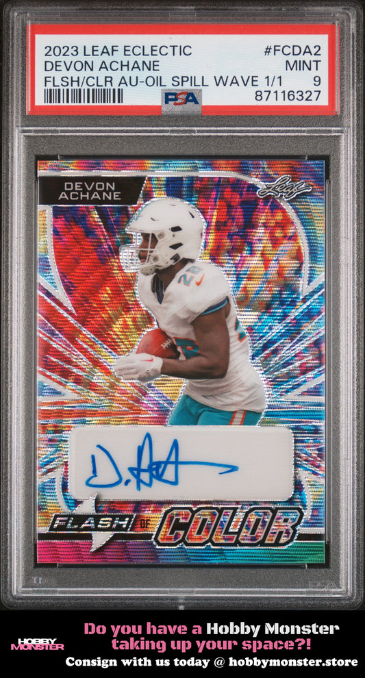 2023 Leaf Eclectic Flash of Color Prismatic Devon Achane Auto /1 Miami PSA 9
