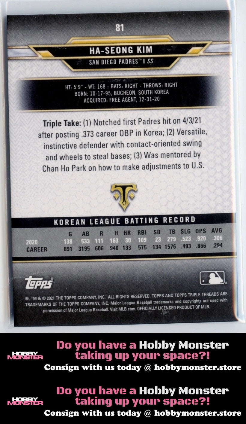 2021 Topps Triple Threads Ha-Seong Kim Citrine Rookie #/75 San Diego Padres