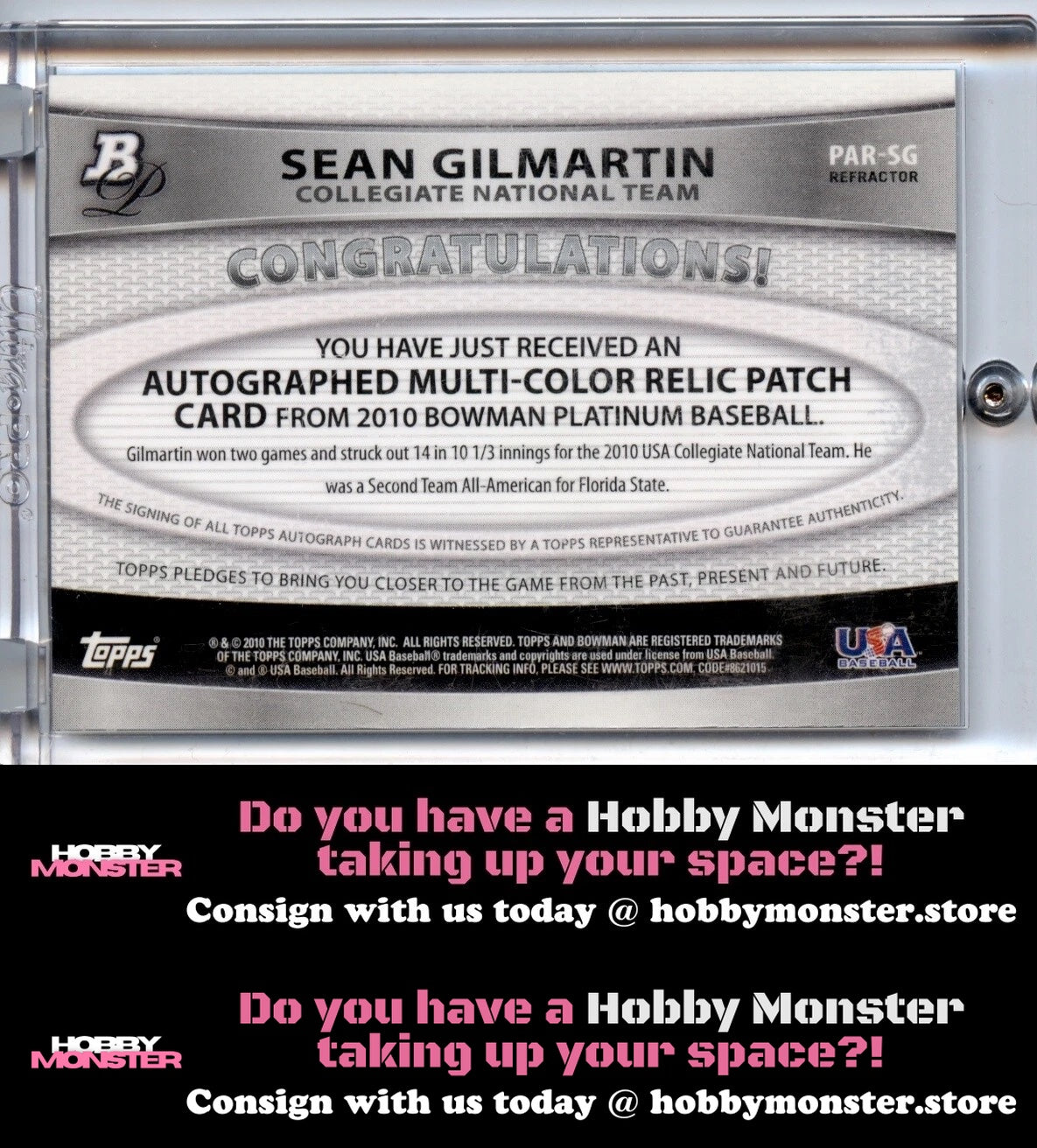 2010 Bowman Platinum Sean Gilmartin Relic Green Refractor Auto Rays Mets