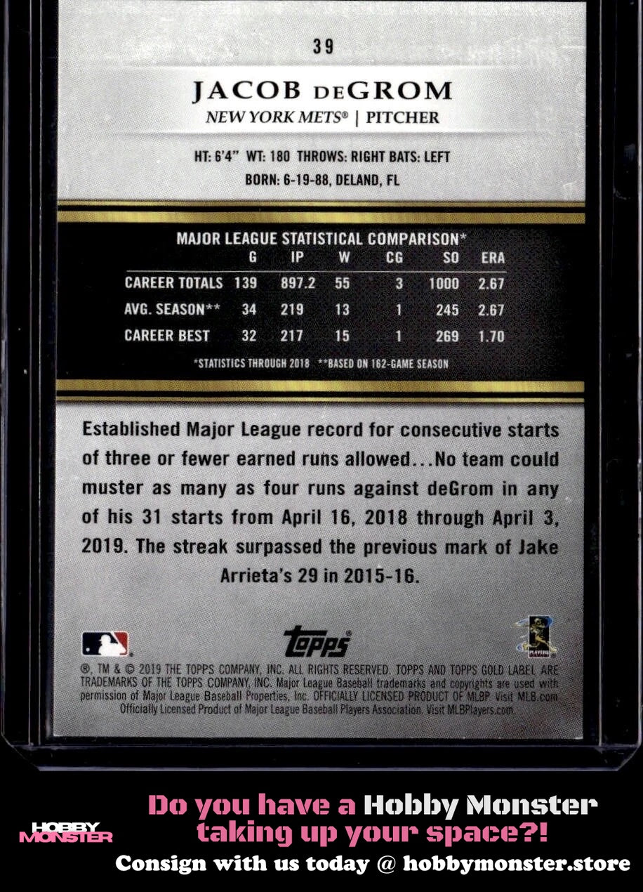 2019 Topps Gold Label Jacob deGrom Class 2 Blue #/99 New York Mets