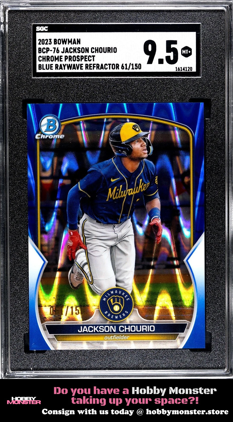 2023 Bowman Jackson Chourio Chrome Blue RayWave #/150 Brewers SGC 9.5