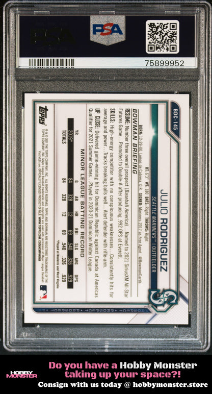 2021 Bowman Draft Julio Rodriguez Chrome Aqua Lava #/199 Mariners PSA 9