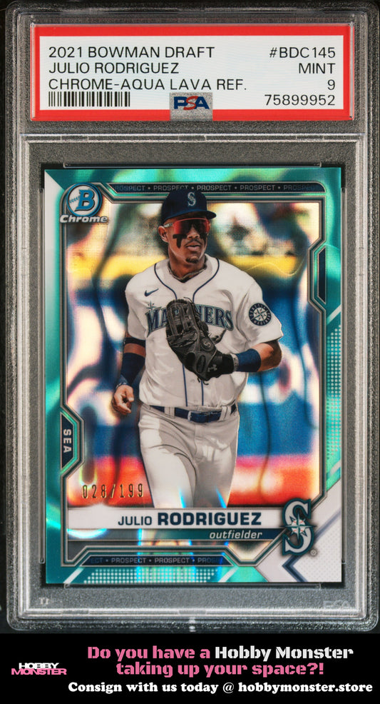 2021 Bowman Draft Julio Rodriguez Chrome Aqua Lava #/199 Mariners PSA 9