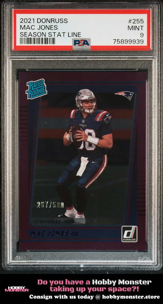 2021 Panini Donruss Mac Jones Season Stat Line Rookie #/500 Patriots PSA 9