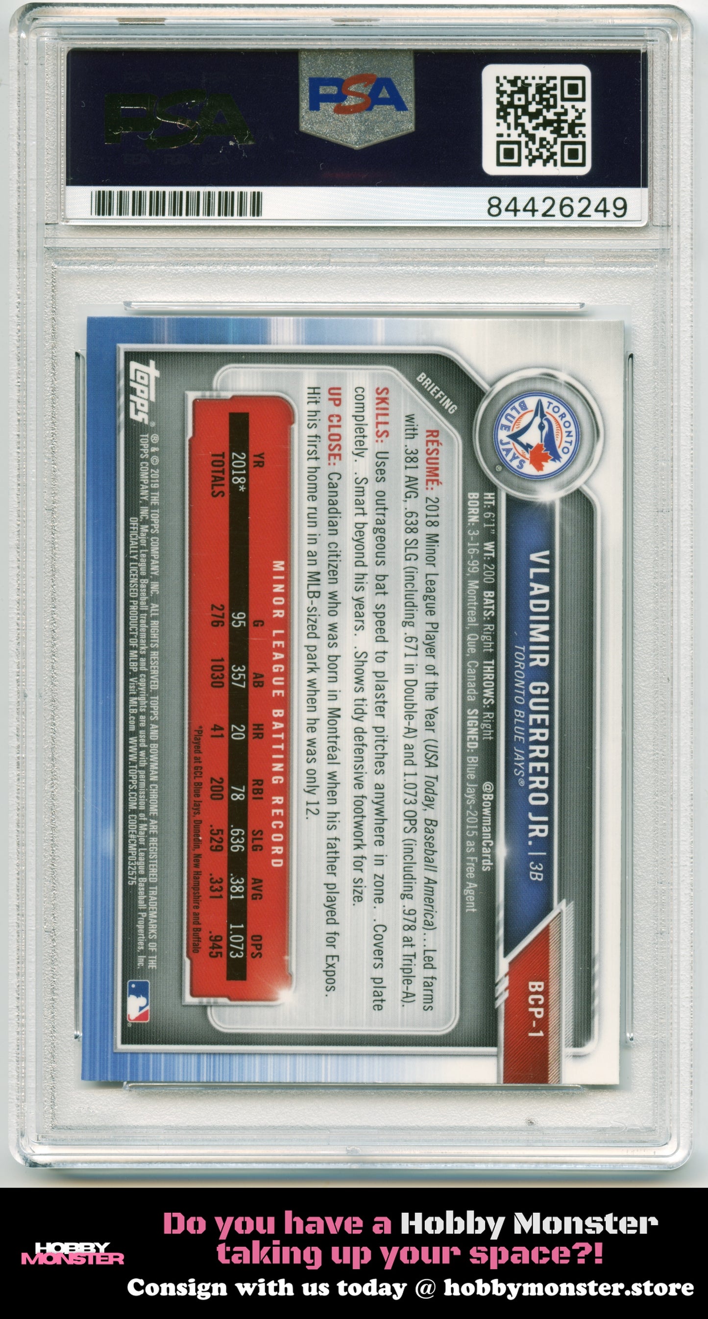 2019 Bowman Vladimir Guerrero Jr. Chrome Auto Toronto Blue Jays PSA 10 Authentic