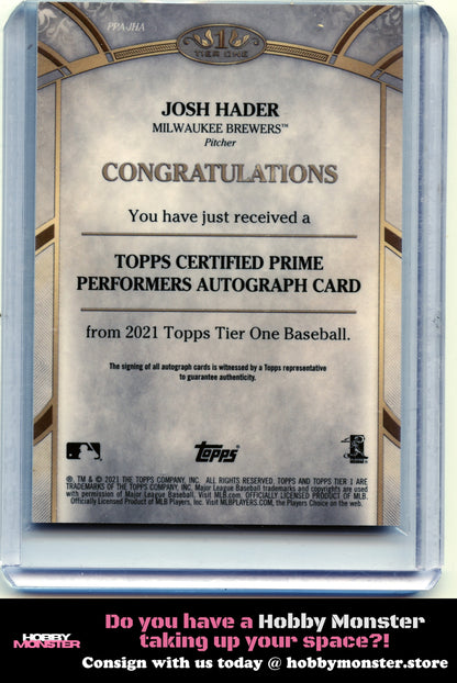 2021 Topps Tier One Josh Hader Auto #/300 Milwaukee Brewers
