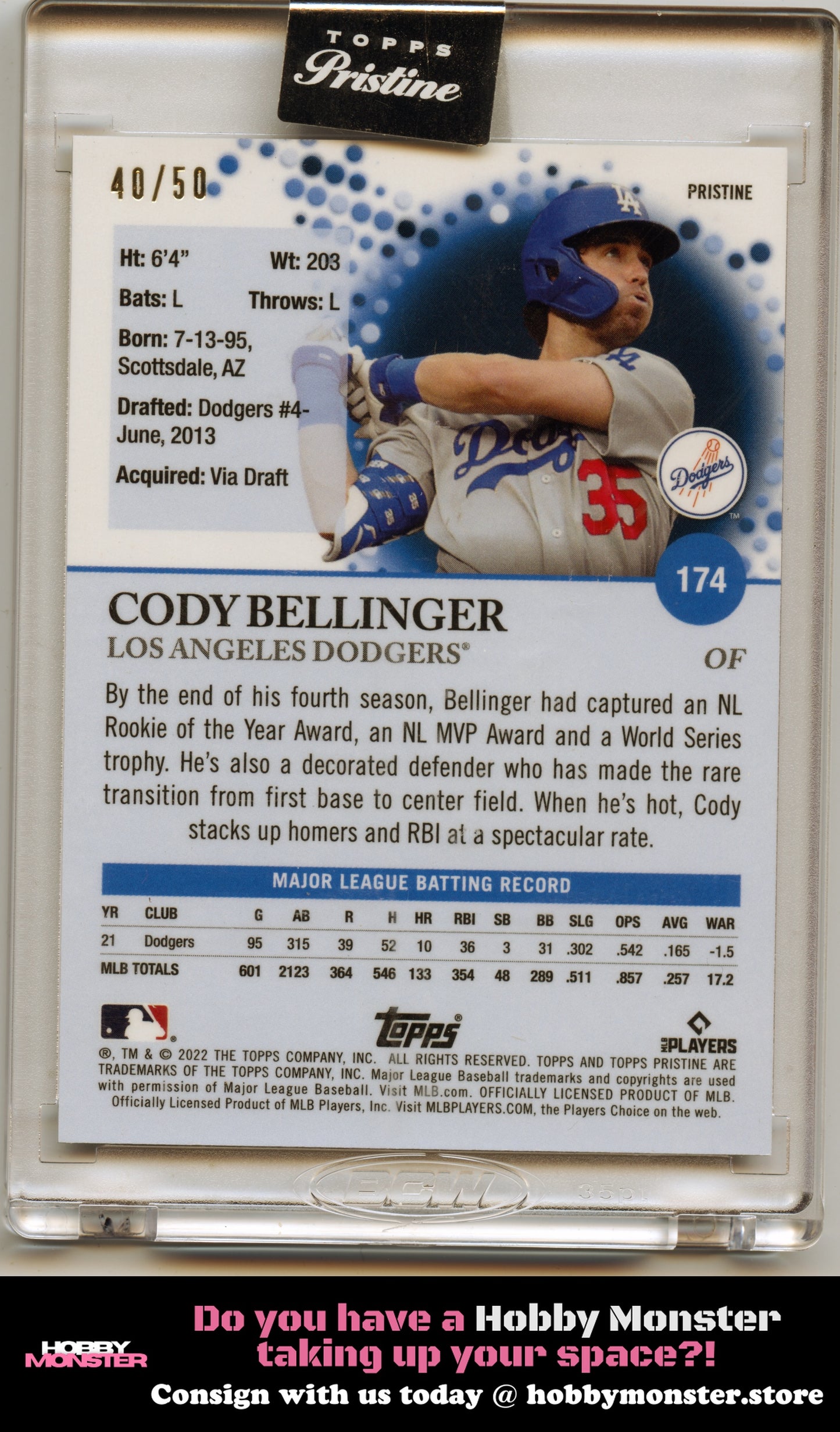 2022 Topps Pristine Cody Bellinger Gold Refractor #/50 Los Angeles Dodgers