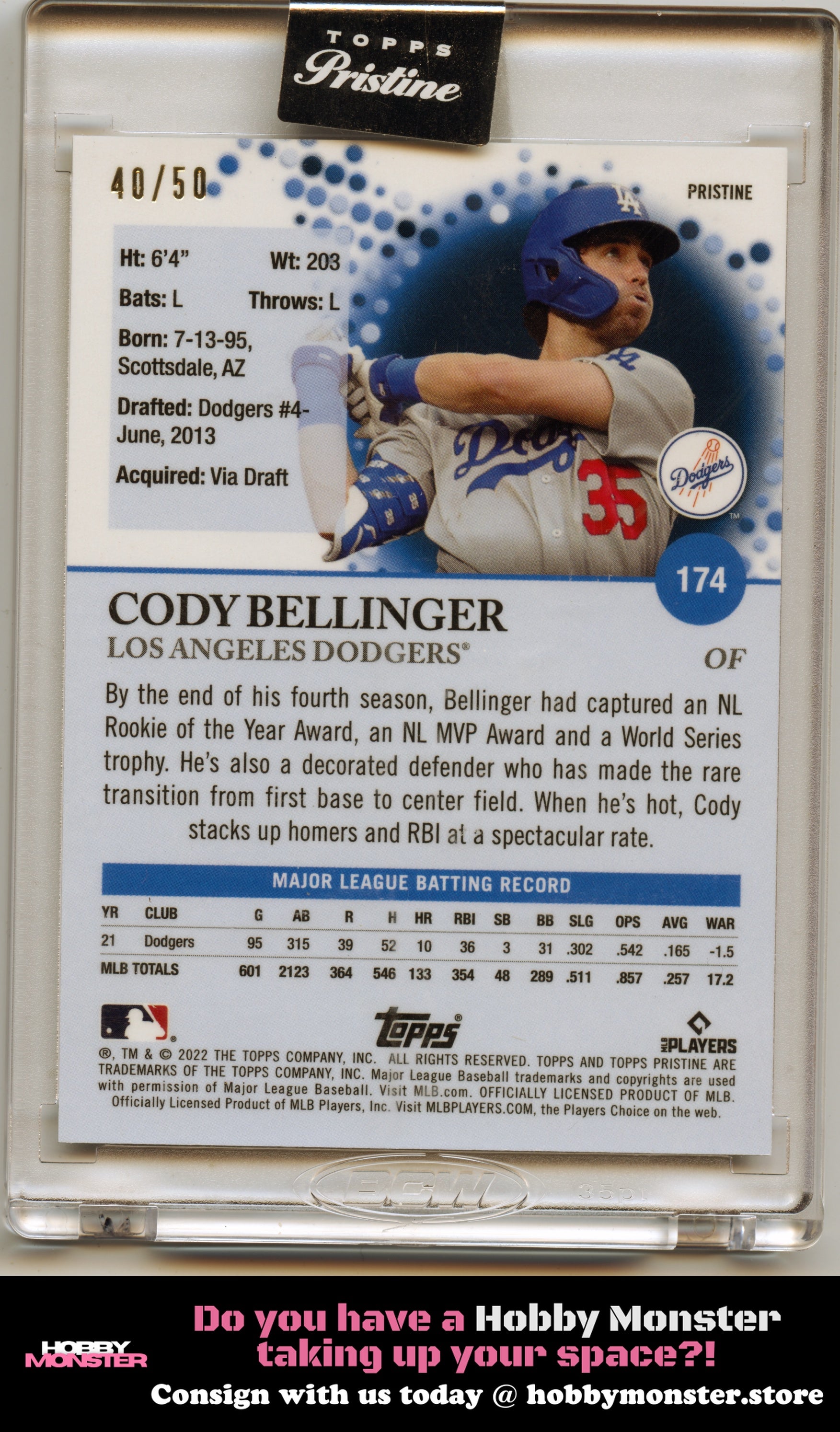 2022 Topps Pristine Cody Bellinger Gold Refractor #/50 Los Angeles Dodgers