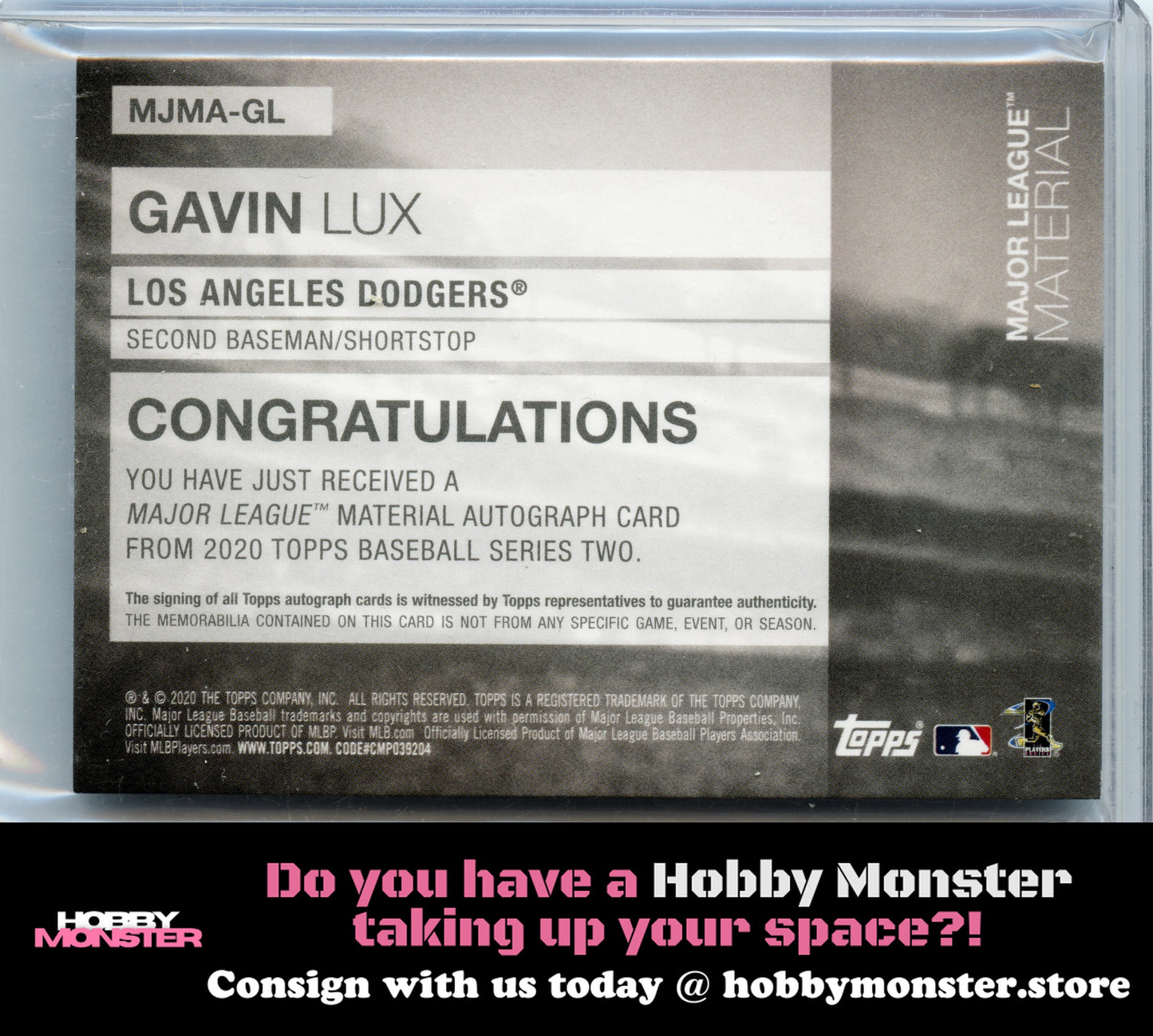 2020 Topps Gavin Lux Major League Material Relic Red Auto #/25 Dodgers