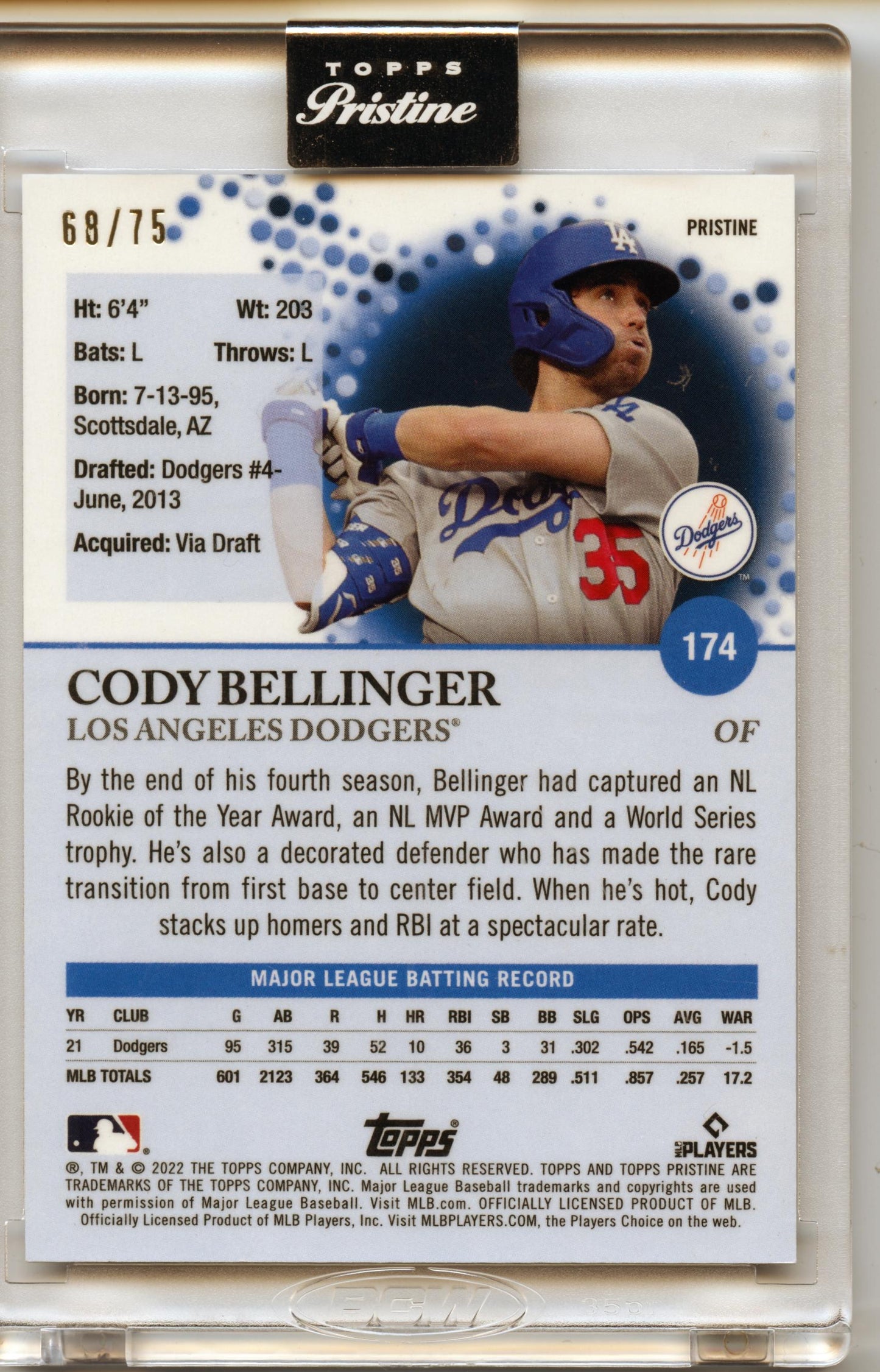 2022 Topps Pristine Cody Bellinger Pristine Blue #/75 Los Angeles Dodgers