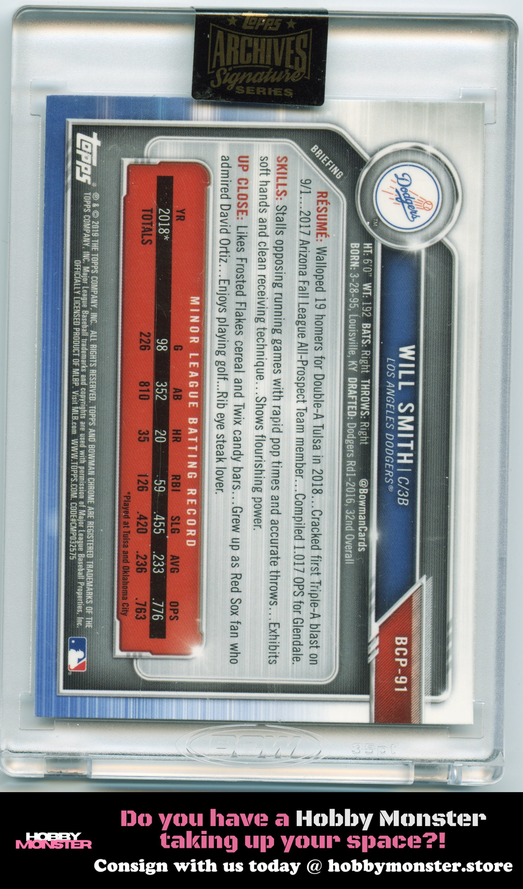 2021 Topps Archives Signature Series Will Smith 2019 Bowman Auto #/36 Dodgers