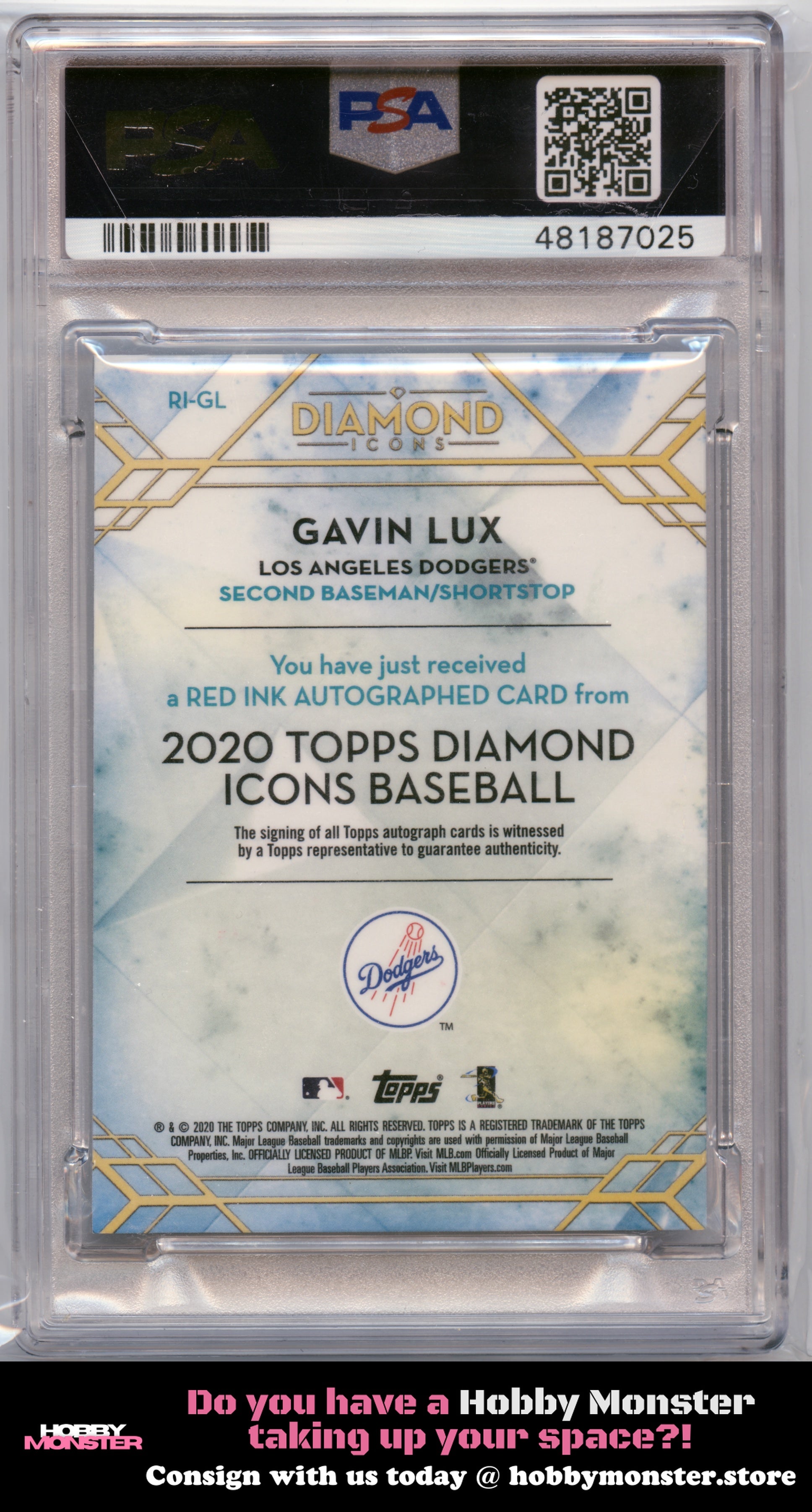 2020 Topps Diamond Icons Gavin Lux Red Ink Auto #/25 Los Angeles Dodgers PSA 8