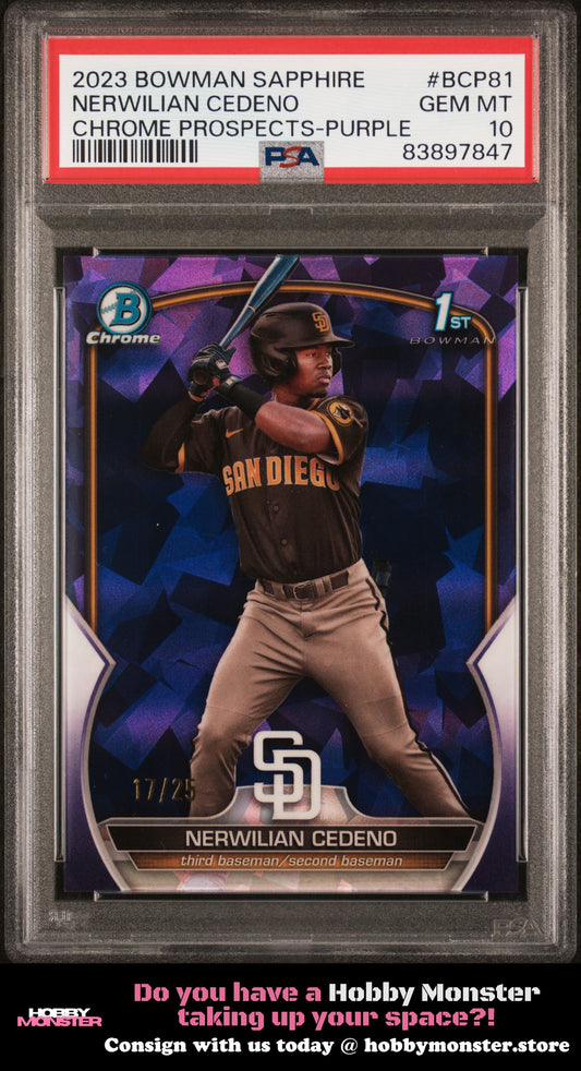 2023 Bowman Sapphire Edition Nerwilian Cedeno Purple #/25 Padres PSA 10