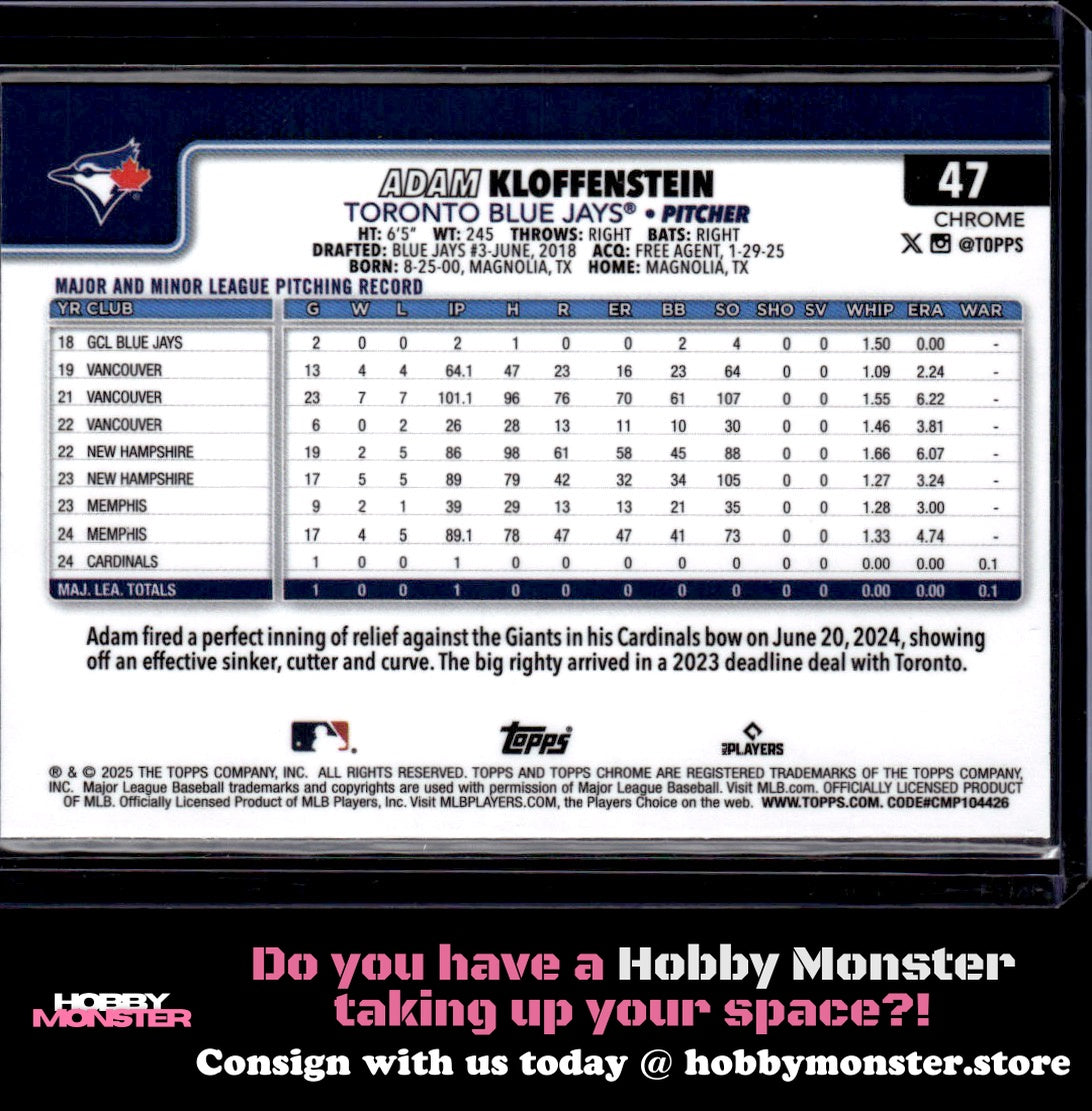 2025 Topps Chrome Adam Kloffenstein Raywave Refractors Rookie Toronto Blue Jays