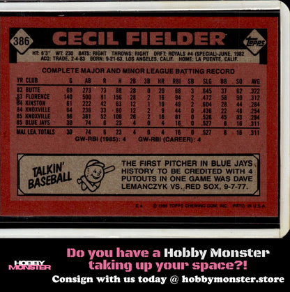 1986 Topps Cecil Fielder Rookie Toronto Blue Jays