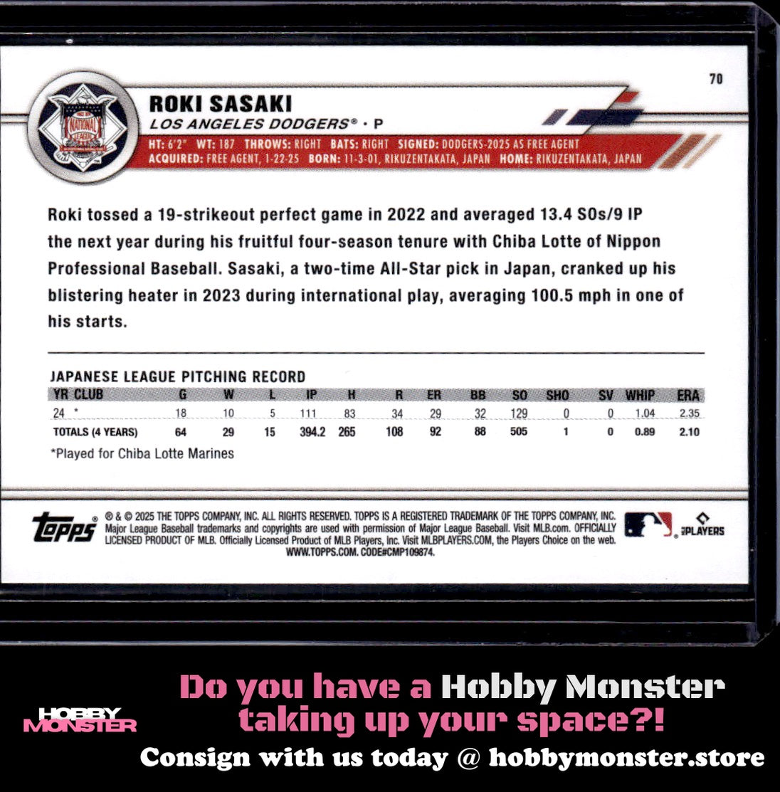 2025 Topps All-Star Game Roki Sasaki Rookie Los Angeles Dodgers