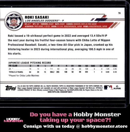 2025 Topps All-Star Game Roki Sasaki Rookie Los Angeles Dodgers