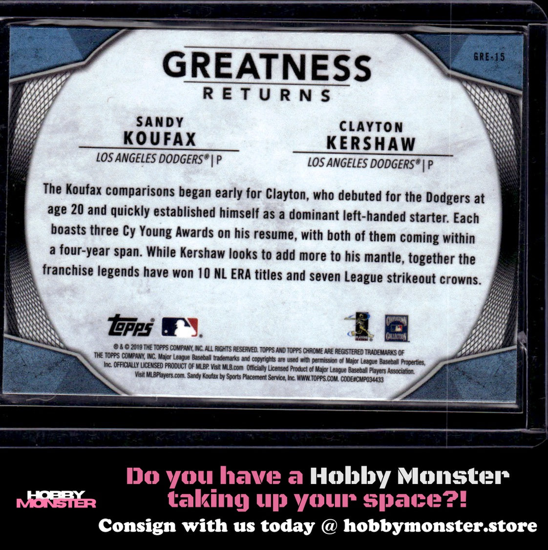 2019 Topps Sandy Koufax / Clayton Kershaw Greatness Returns Los Angeles Dodgers