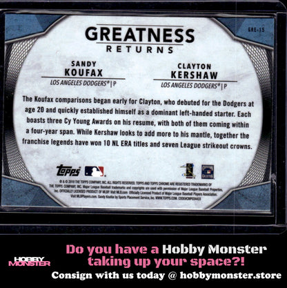 2019 Topps Sandy Koufax / Clayton Kershaw Greatness Returns Los Angeles Dodgers