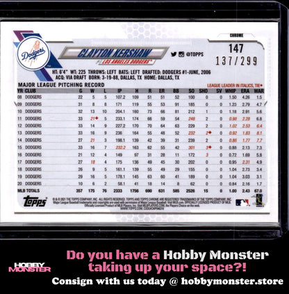 2021 Topps Chrome Clayton Kershaw Purple Refractor 137/299 Los Angeles Dodgers