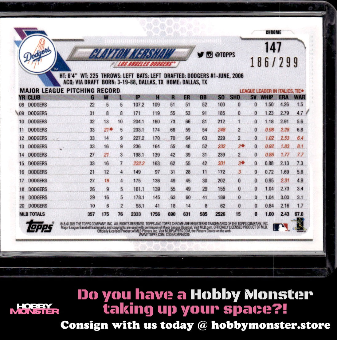 2021 Topps Chrome Clayton Kershaw Purple Refractor 186/299 Los Angeles Dodgers