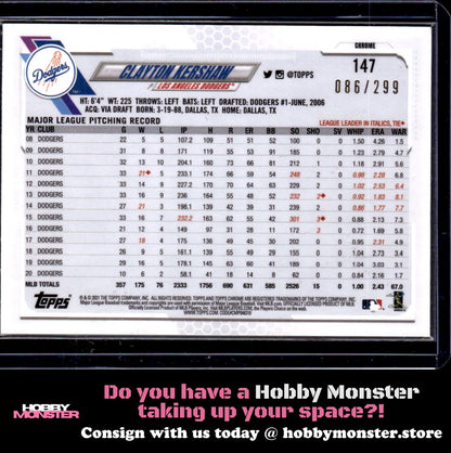 2021 Topps Chrome Clayton Kershaw Purple Refractor 086/299 Los Angeles Dodgers