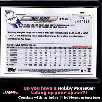 2021 Topps Chrome Corey Seager Aqua Wave Refractor 144/199 Los Angeles Dodgers