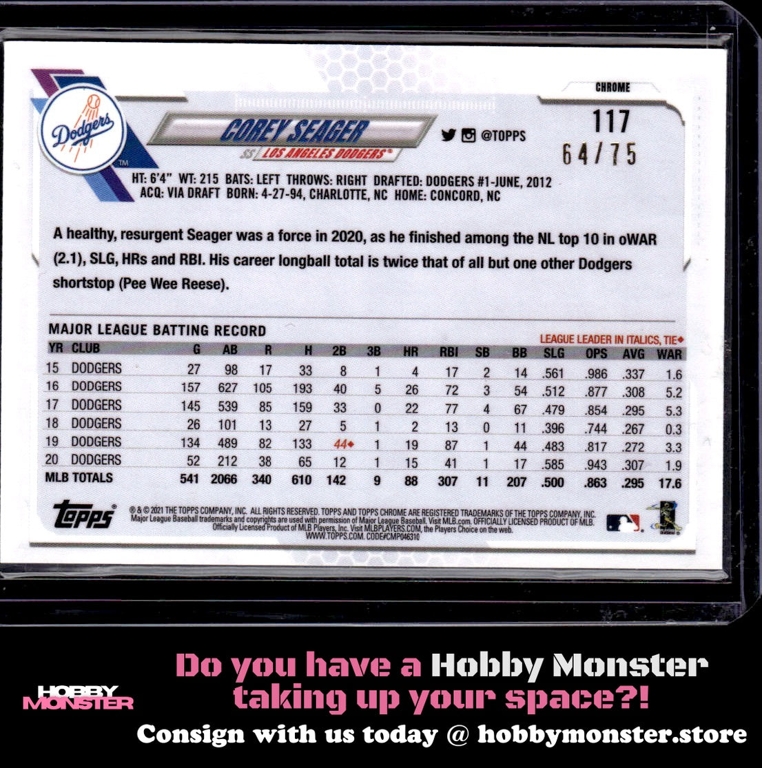 2021 Topps Chrome Corey Seager Blue Wave Refractor 64/75 Los Angeles Dodgers