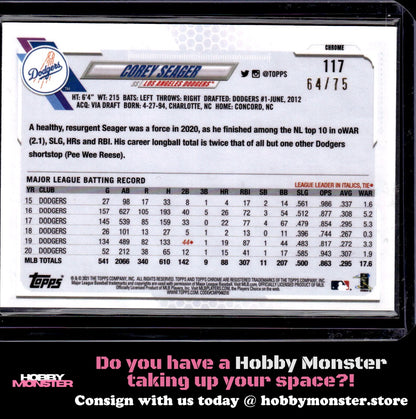 2021 Topps Chrome Corey Seager Blue Wave Refractor 64/75 Los Angeles Dodgers