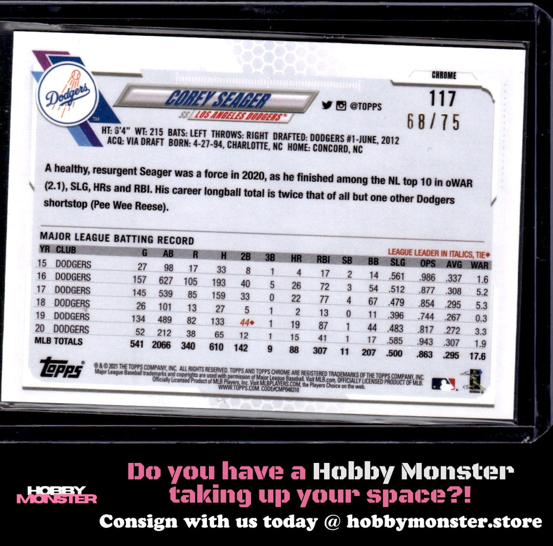 2021 Topps Chrome Corey Seager Blue Wave Refractor 68/75 Los Angeles Dodgers