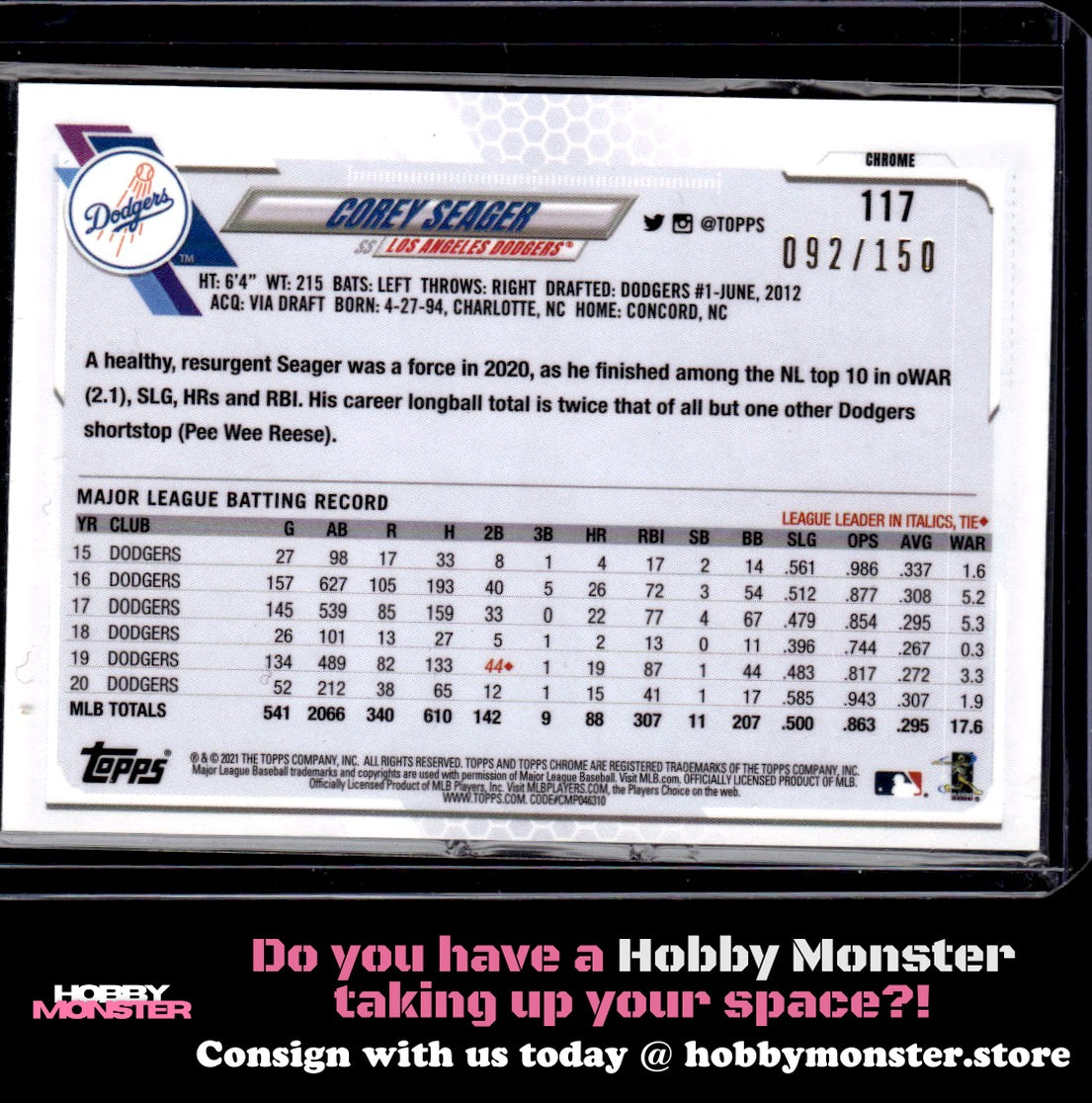 2021 Topps Chrome Corey Seager Blue Refractor 92/150 Los Angeles Dodgers