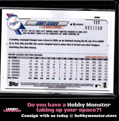 2021 Topps Chrome Corey Seager Blue Refractor 92/150 Los Angeles Dodgers