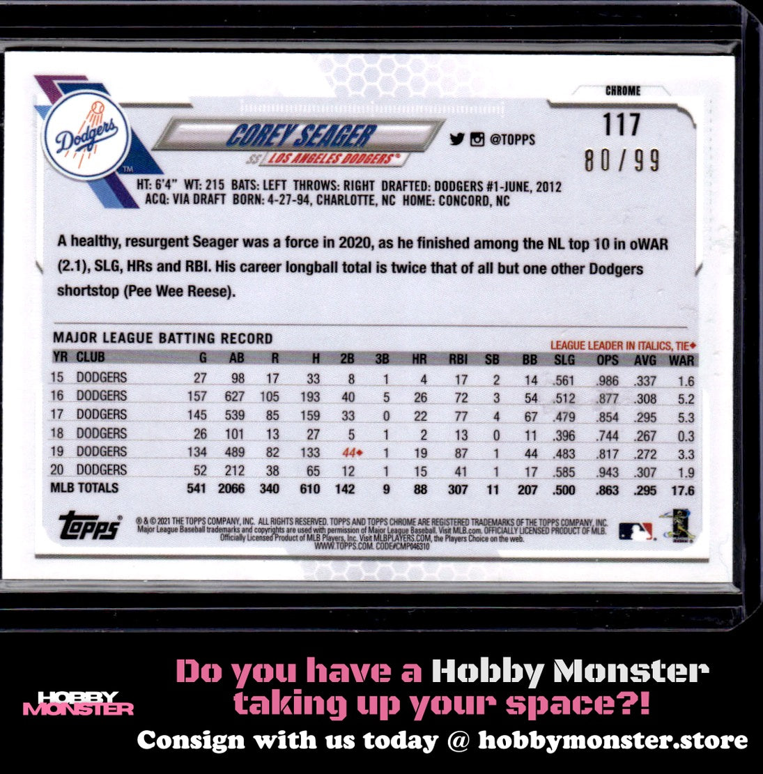 2021 Topps Chrome Corey Seager Green Refractor 80/99 Los Angeles Dodgers