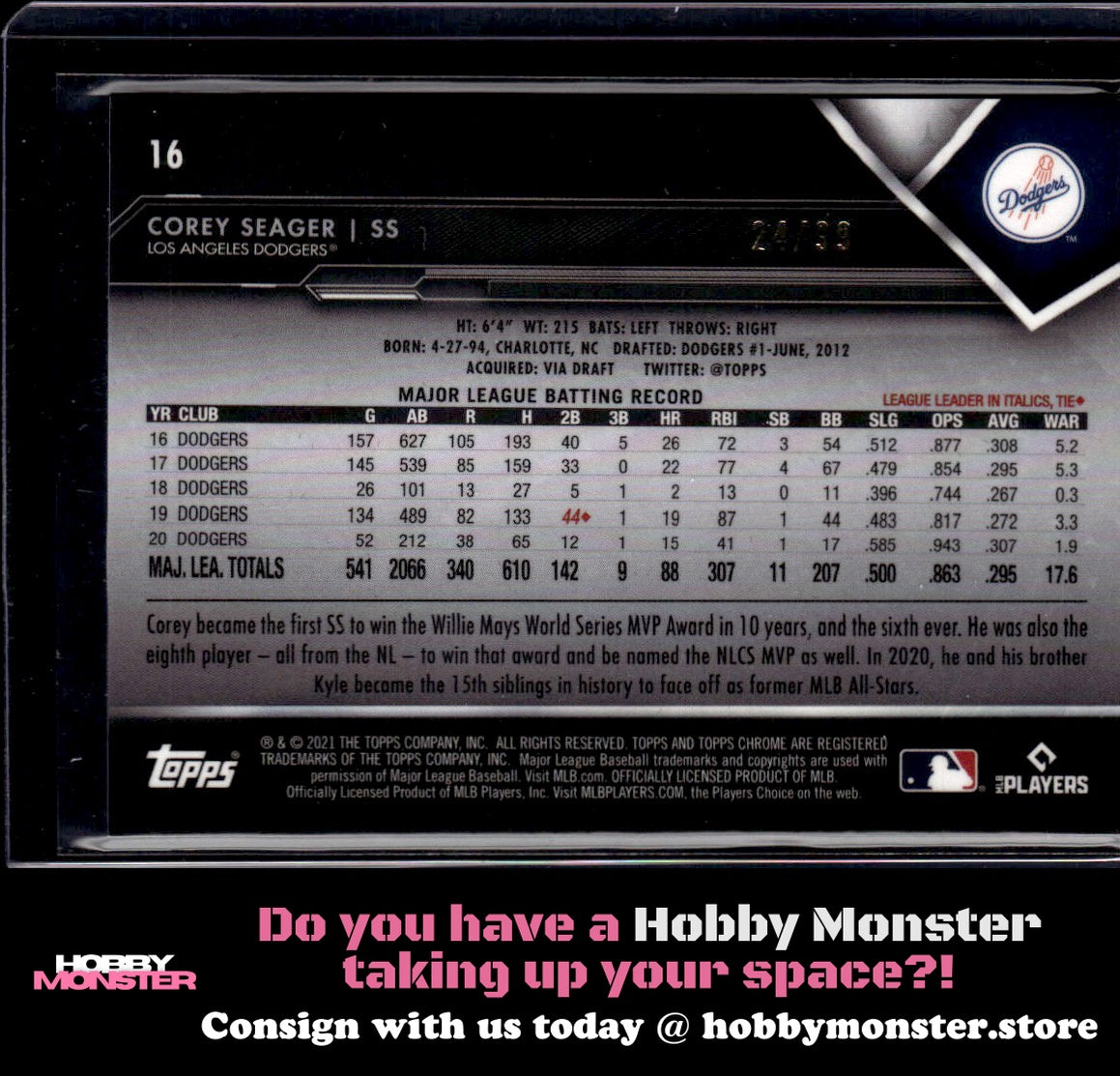 2021 Topps Chrome Black Corey Seager Green Refractor #/99 Los Angeles Dodgers