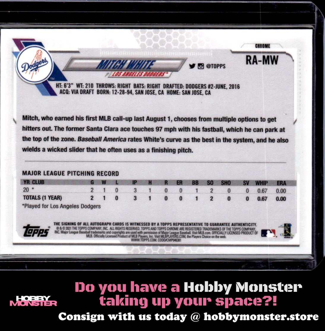 2021 Topps Chrome Mitch White Rookie Autographs Auto Los Angeles Dodgers