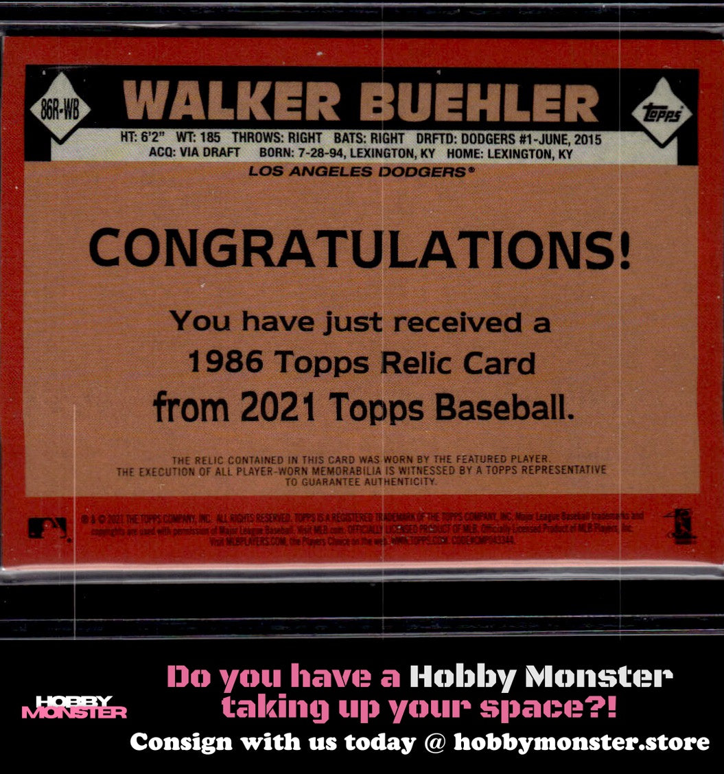 2021 Topps Walker Buehler 1986 Relic #/199 Los Angeles Dodgers