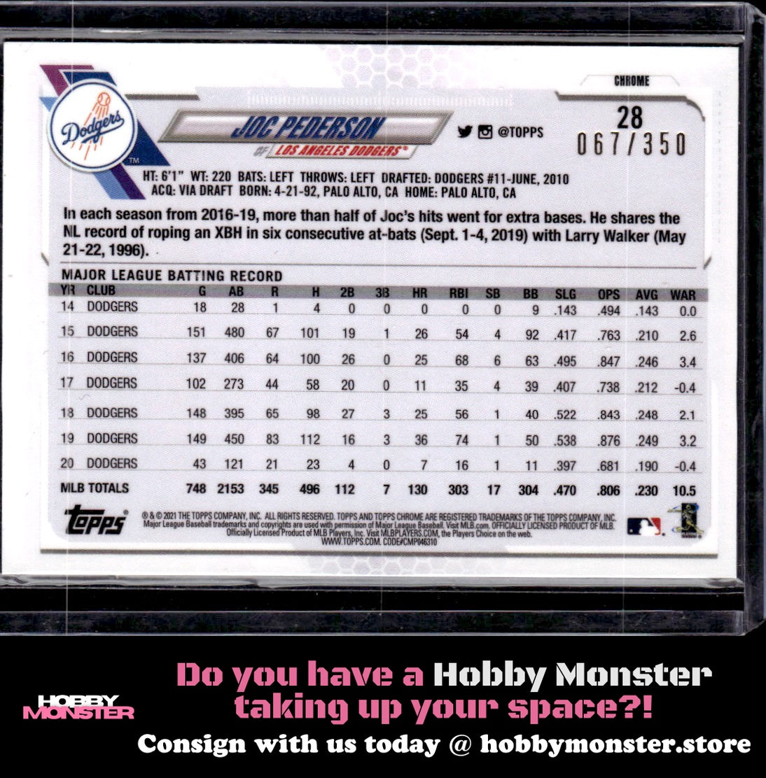 2021 Topps Chrome Joc Pederson Magenta Speckle #/350 Los Angeles Dodgers