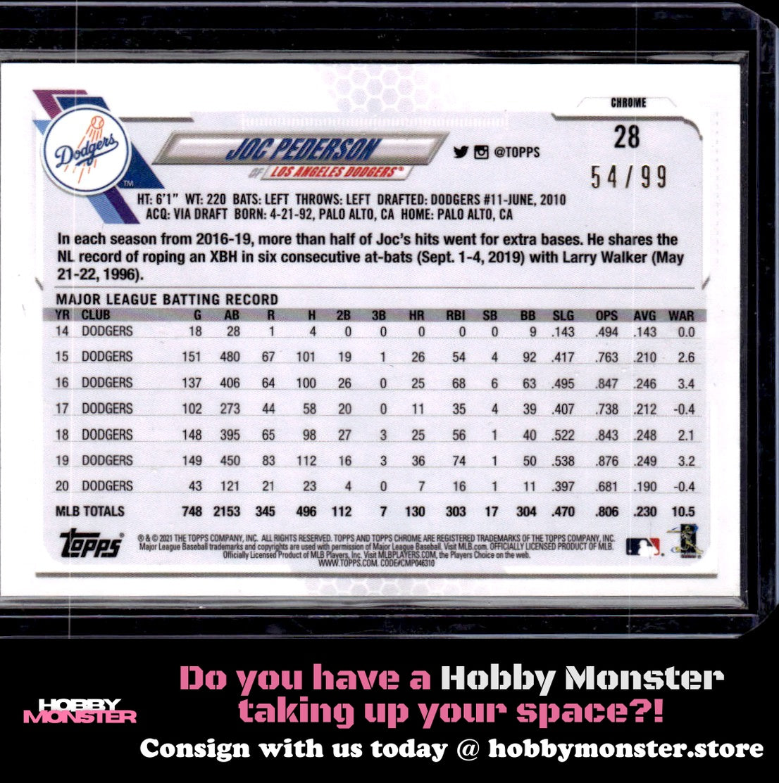 2021 Topps Chrome Joc Pederson Green Refractor #/99 Los Angeles Dodgers