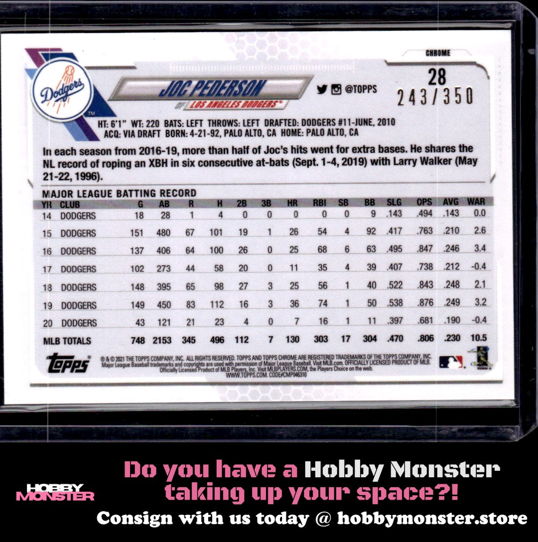 2021 Topps Chrome Joc Pederson Magenta Speckle 243/350 Los Angeles Dodgers