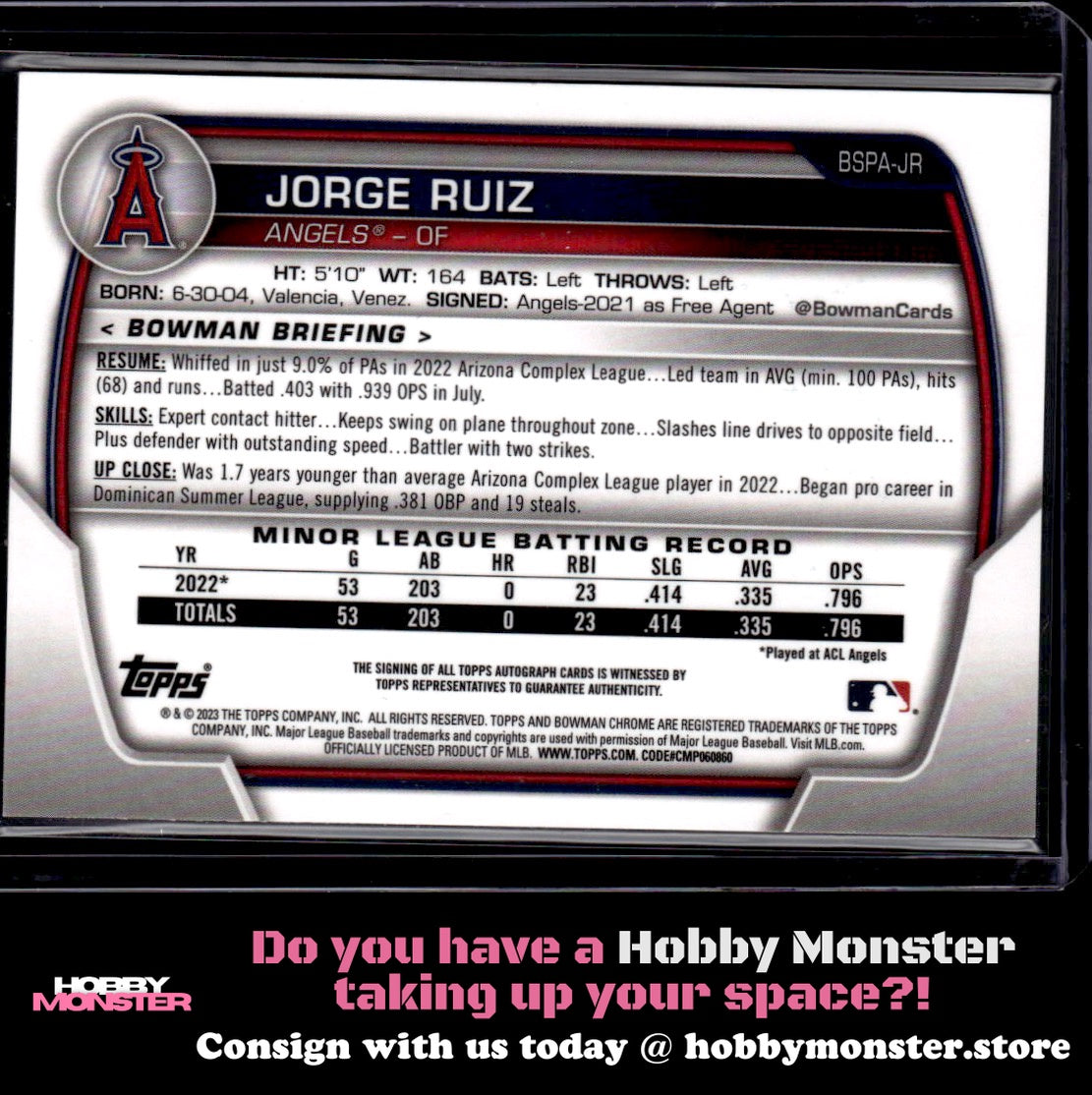 2023 Bowman Sapphire Jorge Ruiz Orange Auto #/25 Los Angeles Angels