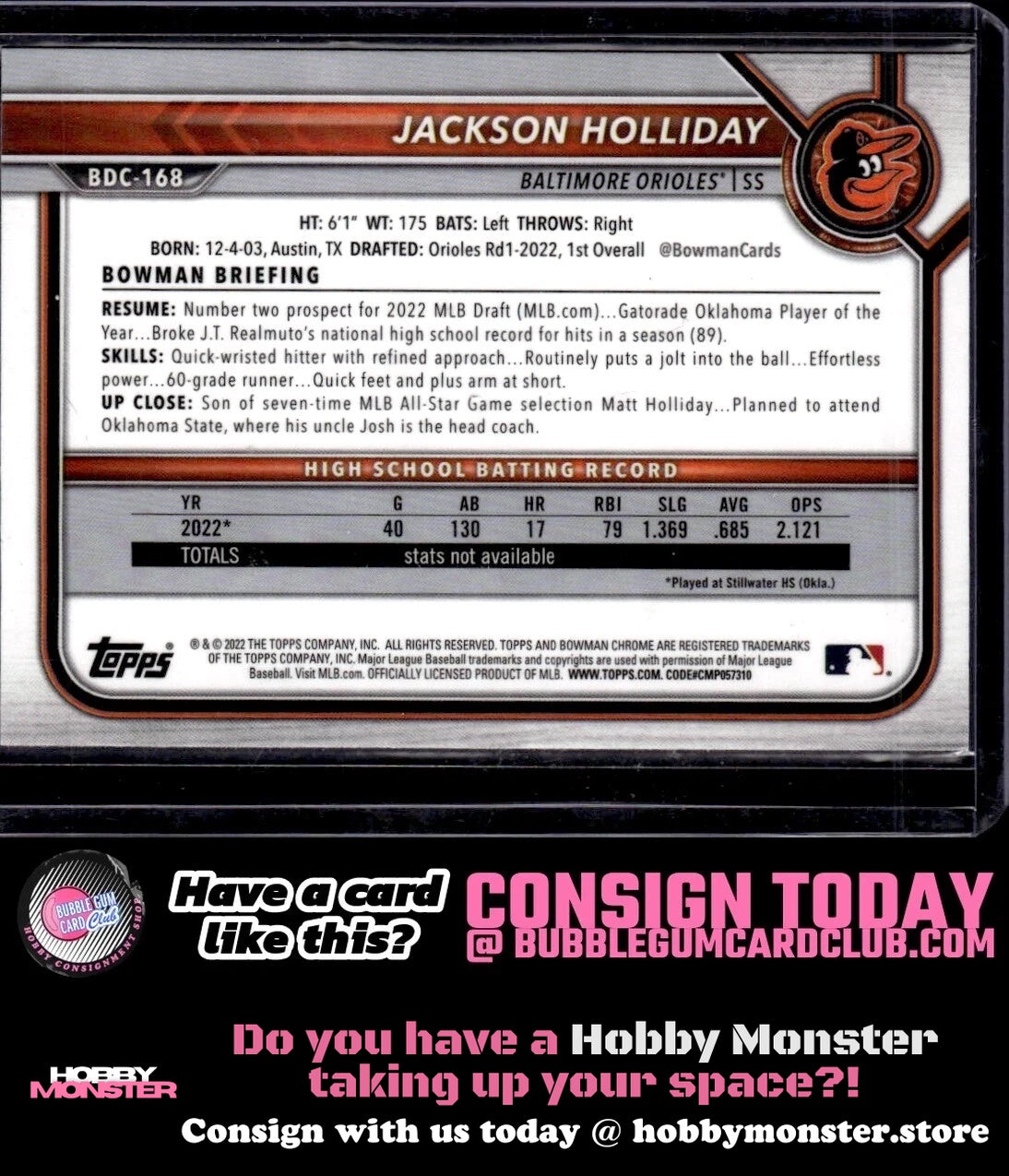 2022 Bowman Draft Jackson Holliday Chrome Baltimore Orioles