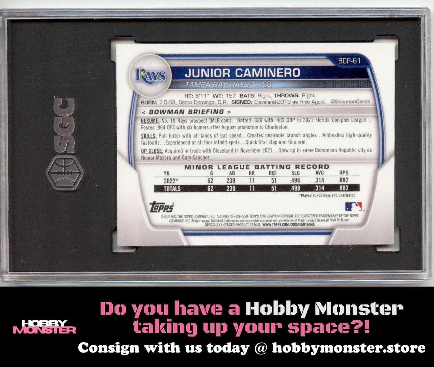 2023 Bowman Junior Caminero Chrome Blue RayWave #/150 Rays SGC 9.5 00H