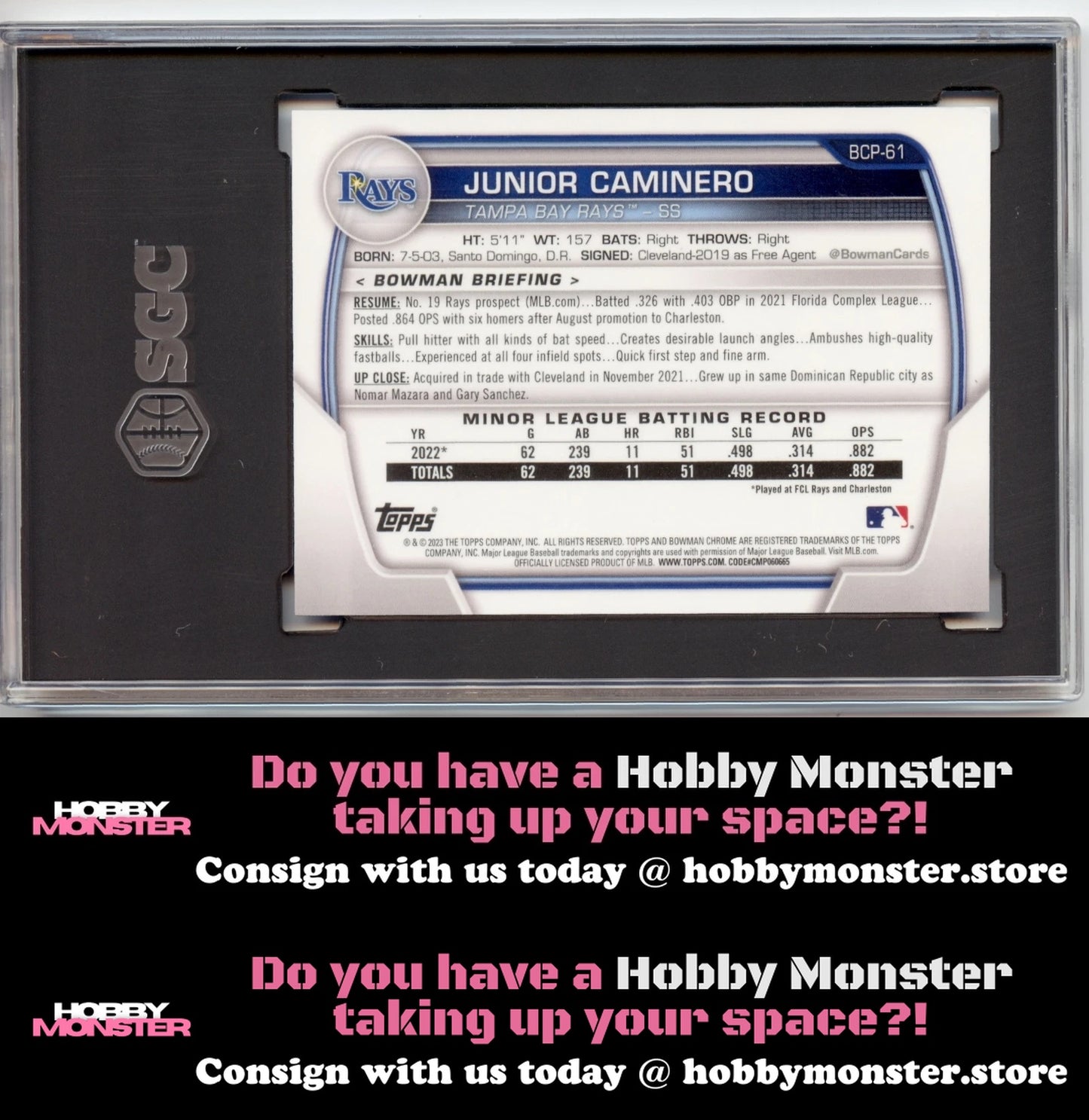 2023 Bowman Junior Caminero Chrome Blue RayWave #/150 Rays SGC 9.5 00H