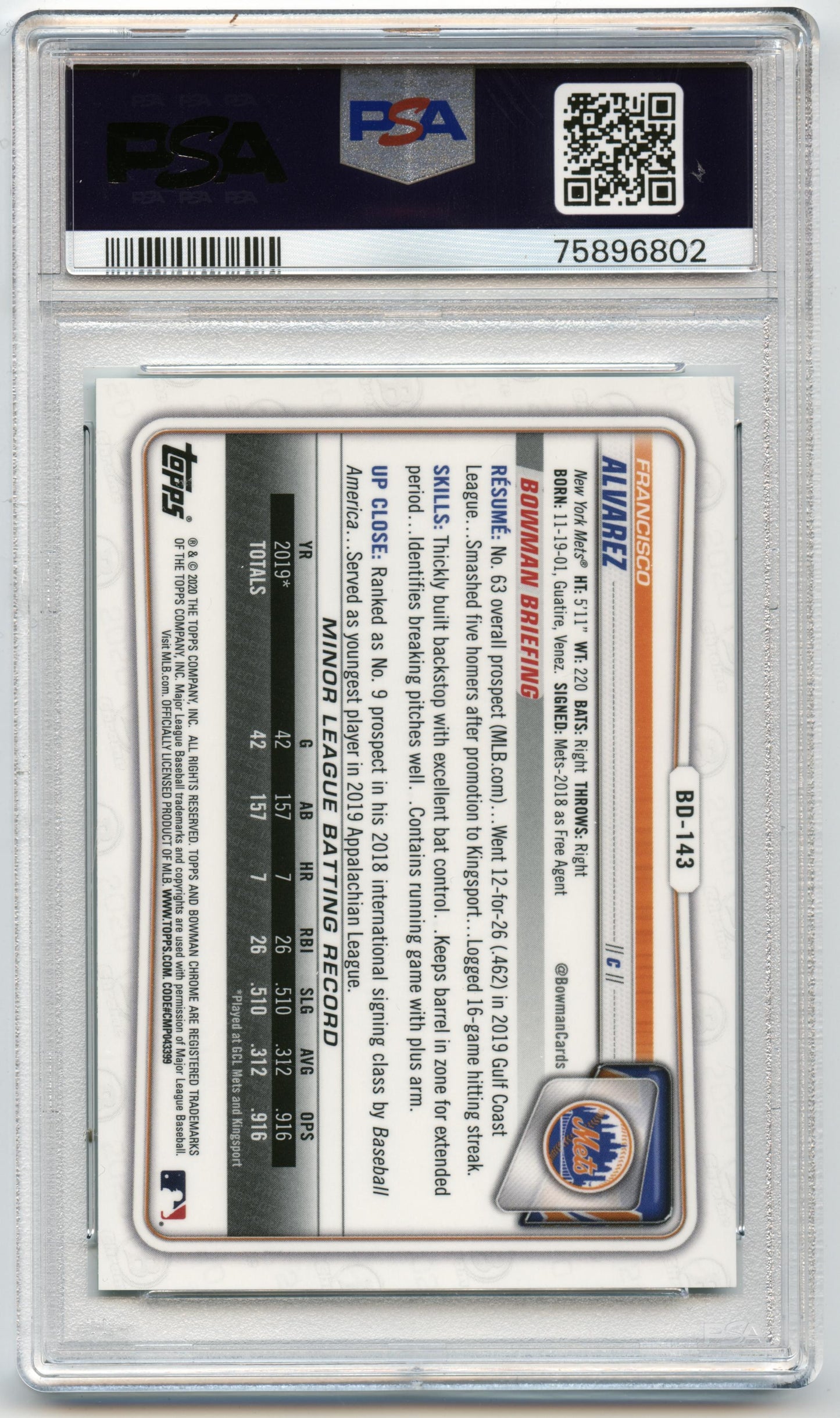 2020 Bowman Draft Sapphire Francisco Alvarez Green #/50 PSA 10 00H