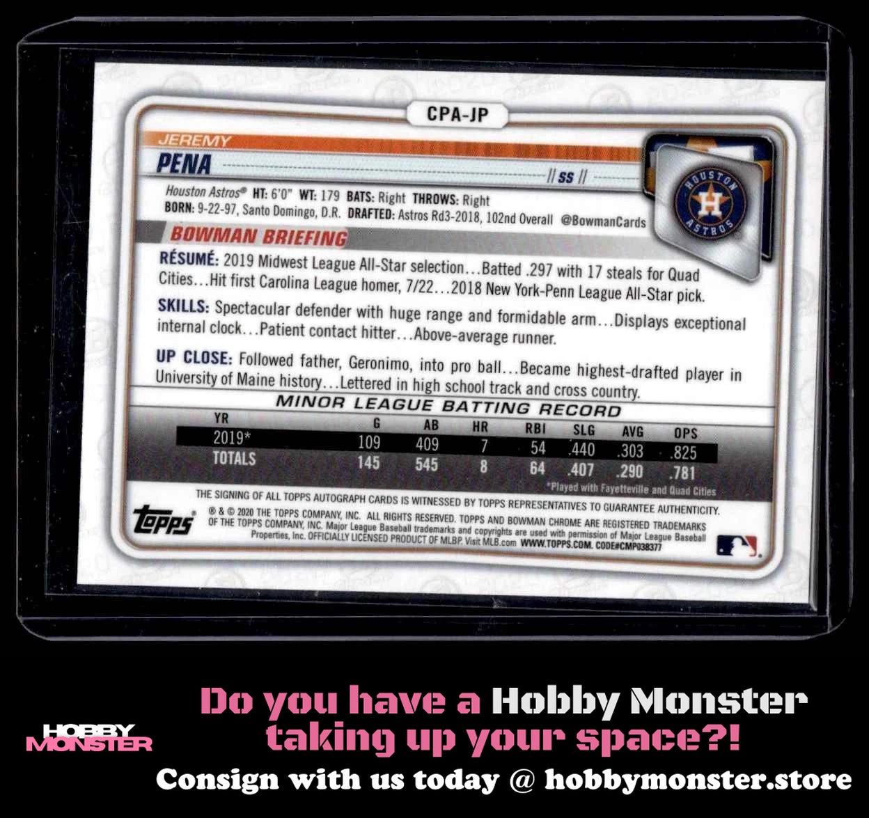 2020 Bowman Jeremy Pena Chrome Prospect Autographs Auto Astros 00H
