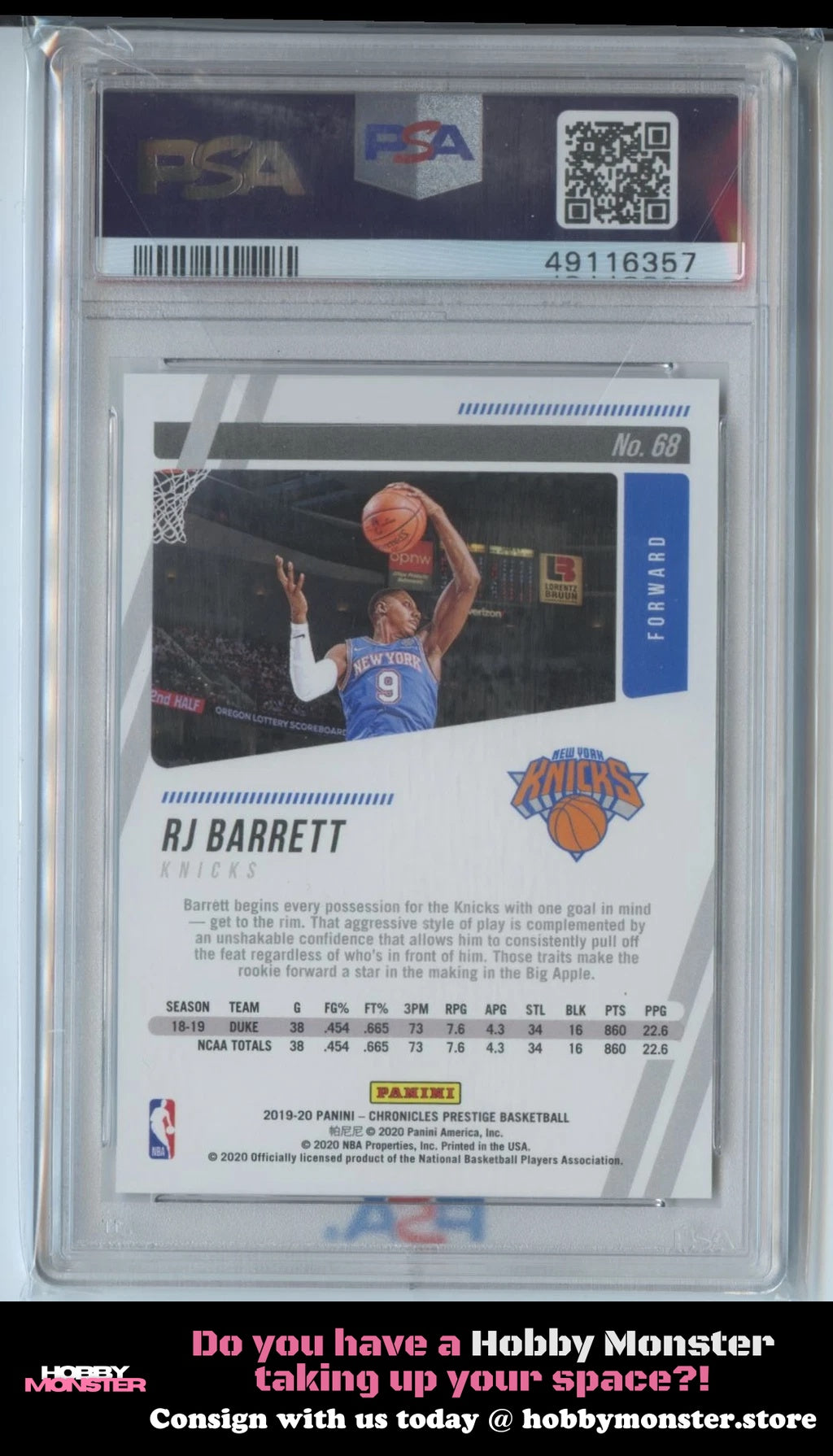 2019-20 Panini Chronicles RJ Barrett Red Rookie #/149 New York Knicks PSA 10
