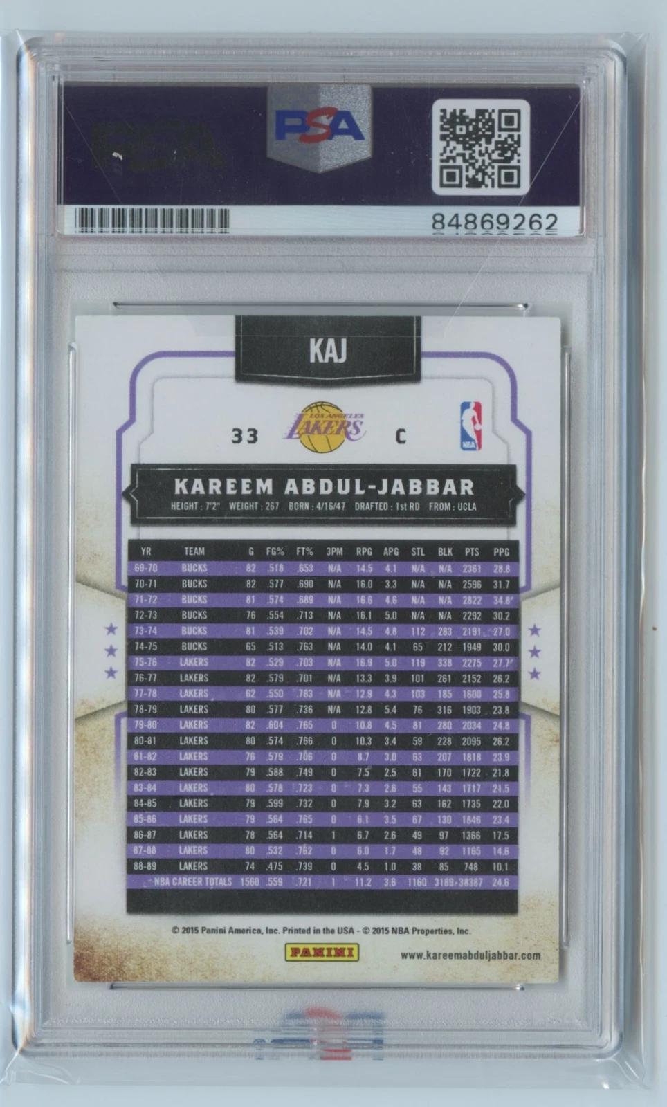 2015-16 Panini Classics Kareem Abdul-Jabbar Lakers #33 PSA 10 Auto