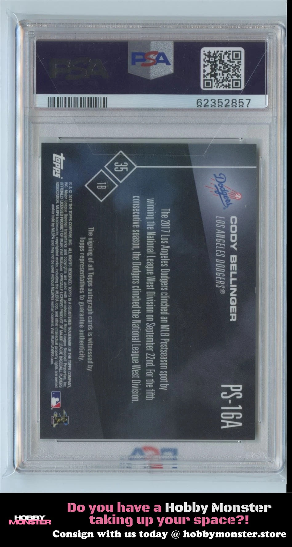 2017 Topps Now Cody Bellinger Rookie RC Auto/99 PSA 9 Dodgers #PS16A