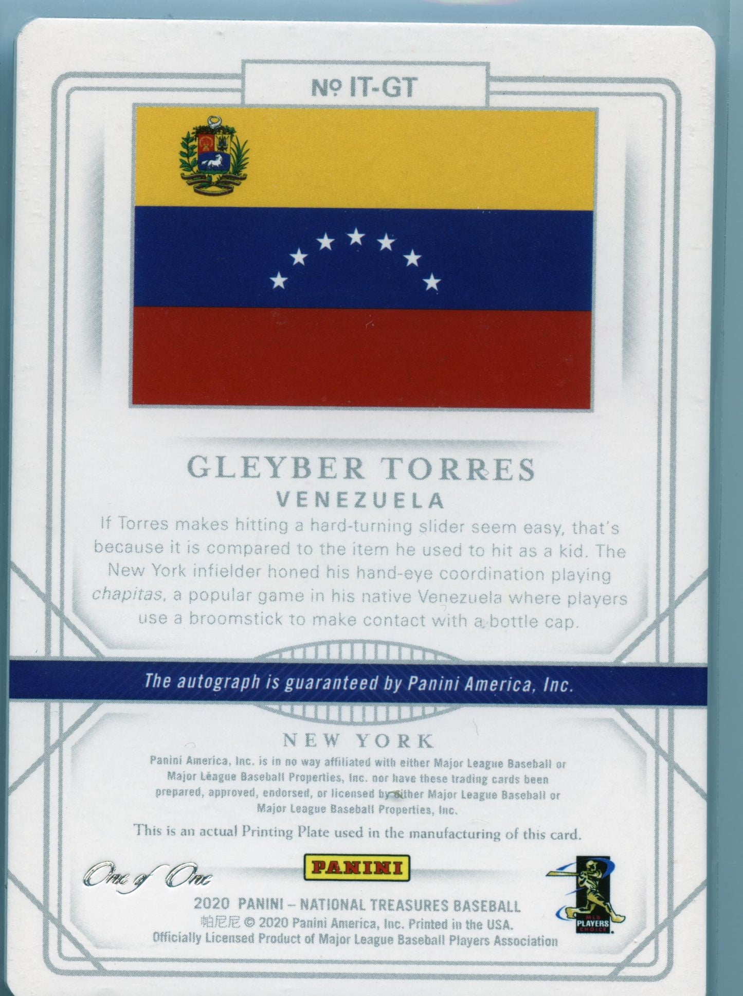 2020 Panini National Treasures Gleyber Torres Printing Plate Black Auto 1/1